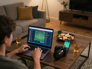 Betting excitement at https://www.mnm88.com/ from a cozy home with a sports betting setup.