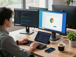 Dynamic workspace featuring谷歌浏览器 on multiple screens, emphasizing productivity and modern tech.