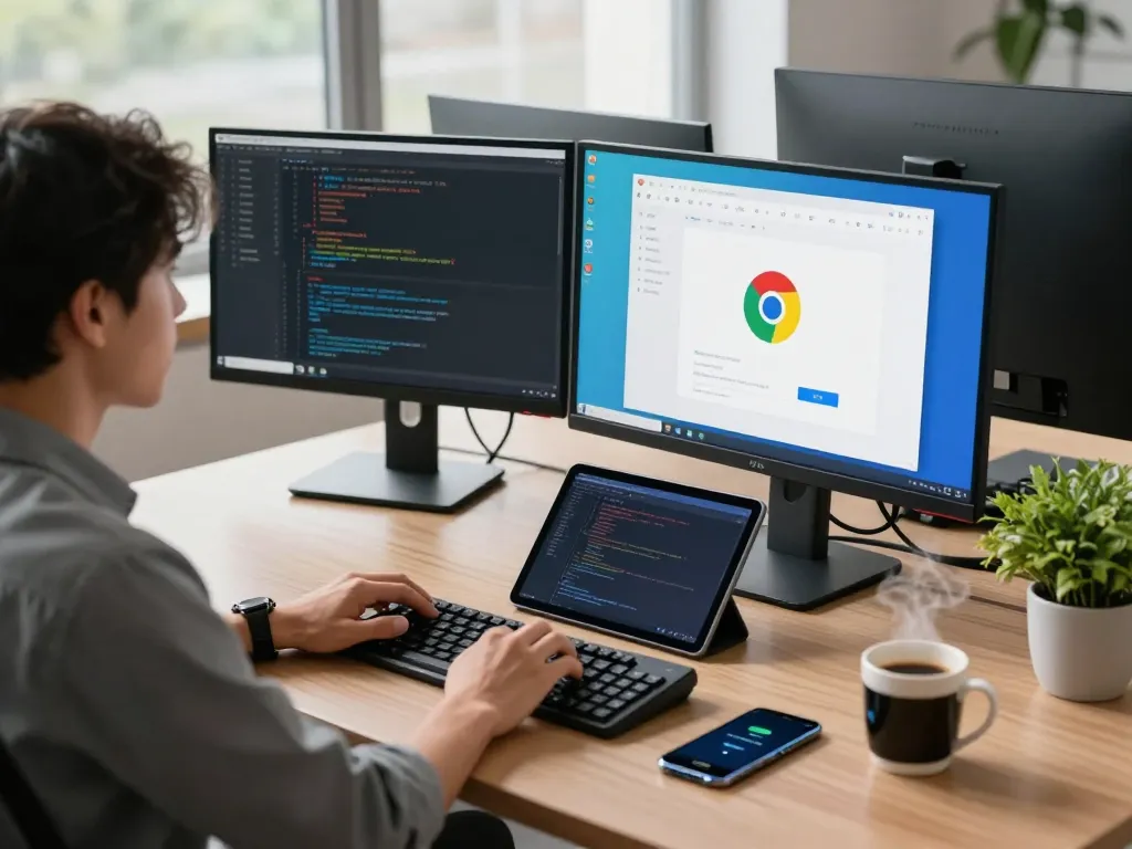Dynamic workspace featuring谷歌浏览器 on multiple screens, emphasizing productivity and modern tech.