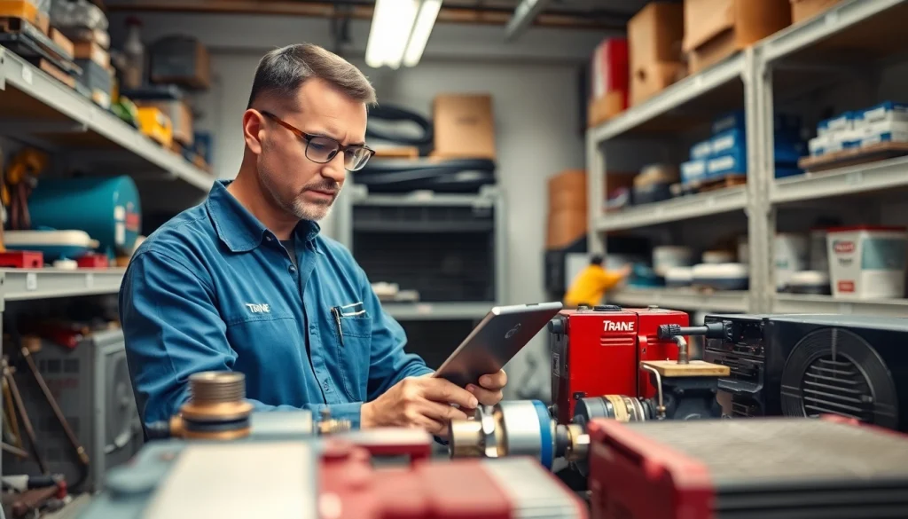 Find quality Trane parts dealer near me amidst professional technicians in a clean, organized workshop.