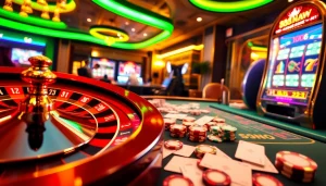 Experience the thrill of gambling with 888new at a luxurious casino featuring slot machines and poker tables.