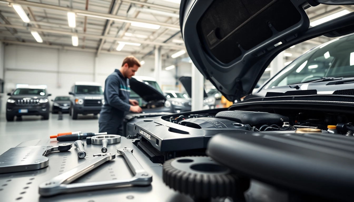 Expert technician performing Land Rover service checks in a bright garage.