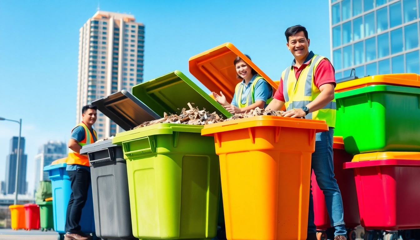 Efficient garbage bins rental service with vibrant bins and helpful staff in an urban setting.