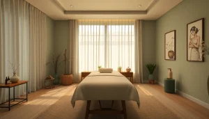 편안한 분위기의 조명과 차분한 장식이 있는 울산마사지 치료실.