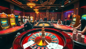 Scène excitante de casino en ligne mettant en vedette des jetons de poker, une roue de roulette et des joueurs à une table luxueuse.