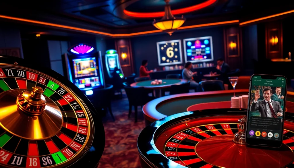 Experience the thrill at https://open88ss.com/ with an exciting casino scene showcasing roulette and slot machines.