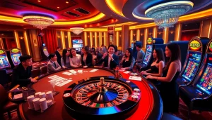 Experience the thrill of gaming at RR88 with vibrant casino tables and engaging players.