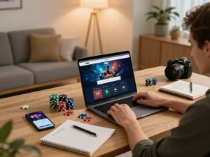 3Win player engaging with online gambling on a laptop in cozy home office.