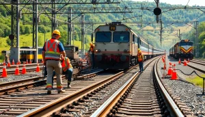 Railroad Contractors USA maintaining tracks with heavy machinery and safety gear.