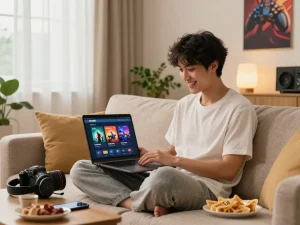 Engaged user exploring Hubet88 gaming platform on a laptop in a lively living room setting.