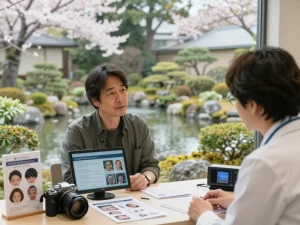 自毛植毛おすすめ口コミ＆評判情報【ショクコミ】を紹介する、静かな日本庭園での植毛相談シーン。