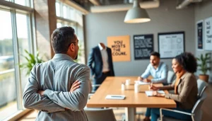 Engaging scene with a business coach near me leading a group workshop in a bright office.