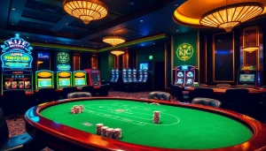 KJC casino scene featuring an elegant poker table and high-stakes gaming excitement.