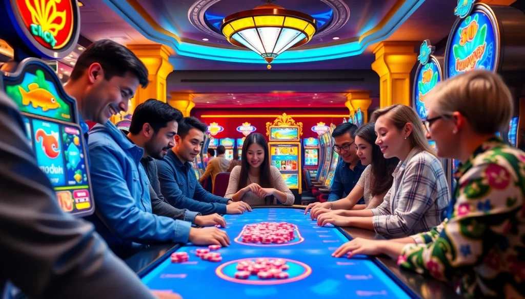 Players enjoy the exhilarating bắn cá đổi thưởng experience at a lively casino table surrounded by vibrant colors and exciting gaming elements.