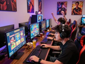 Pemain menikmati sesi permainan slot gacor yang menarik di lingkungan yang hidup, menunjukkan kegembiraan dan kebersamaan.