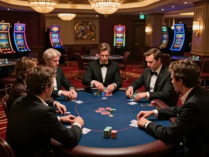uu88 poker game in an upscale casino with intense players and warm lighting