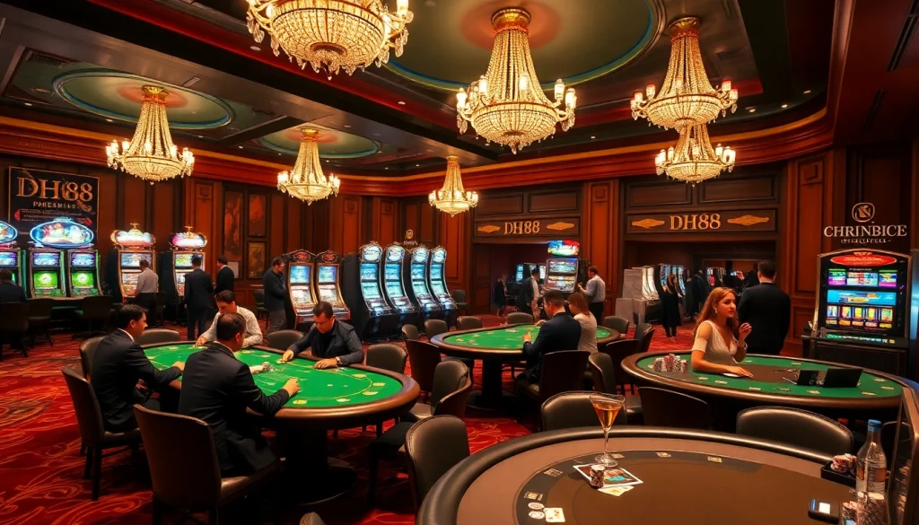 Engaging players at DH88 casino table with poker chips and cards in action.