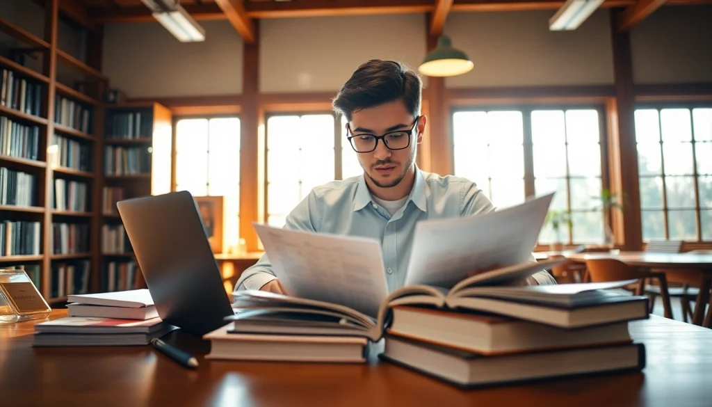 Student engaged in exam help study session in a warm library setting.