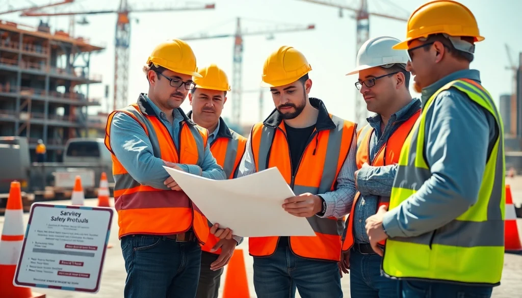 Demonstrating construction site safety protocols with workers in action on site.
