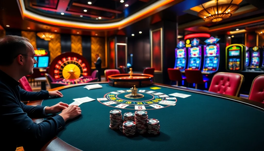 Engaged players at the KK55 poker table in a luxurious casino atmosphere.