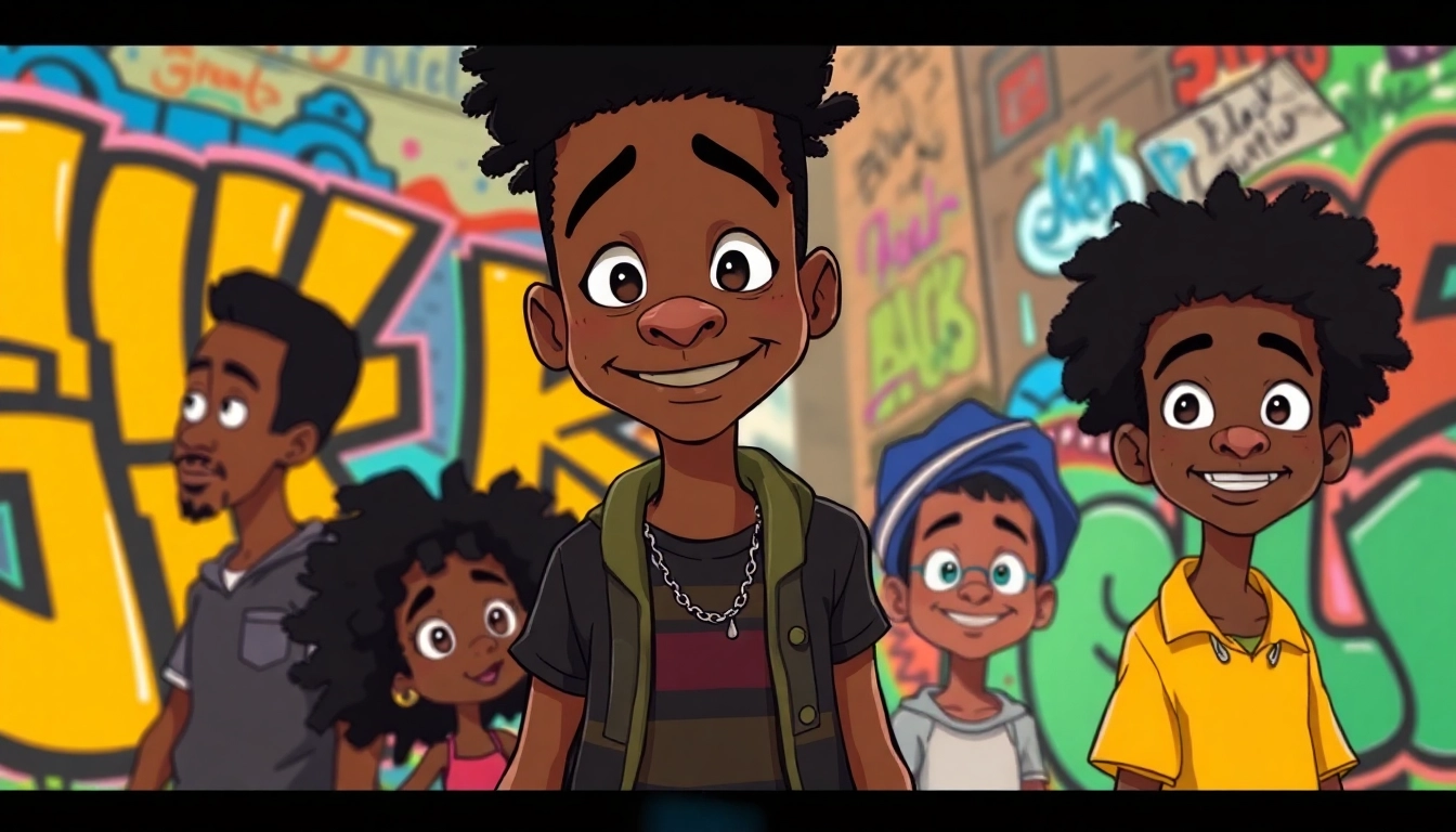 A colorful depiction of African American Cartoons featuring iconic characters in an urban setting, celebrating diversity and culture.