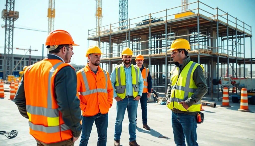 Workers demonstrating construction site safety practices with protective equipment on site.