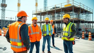 Workers demonstrating construction site safety practices with protective equipment on site.