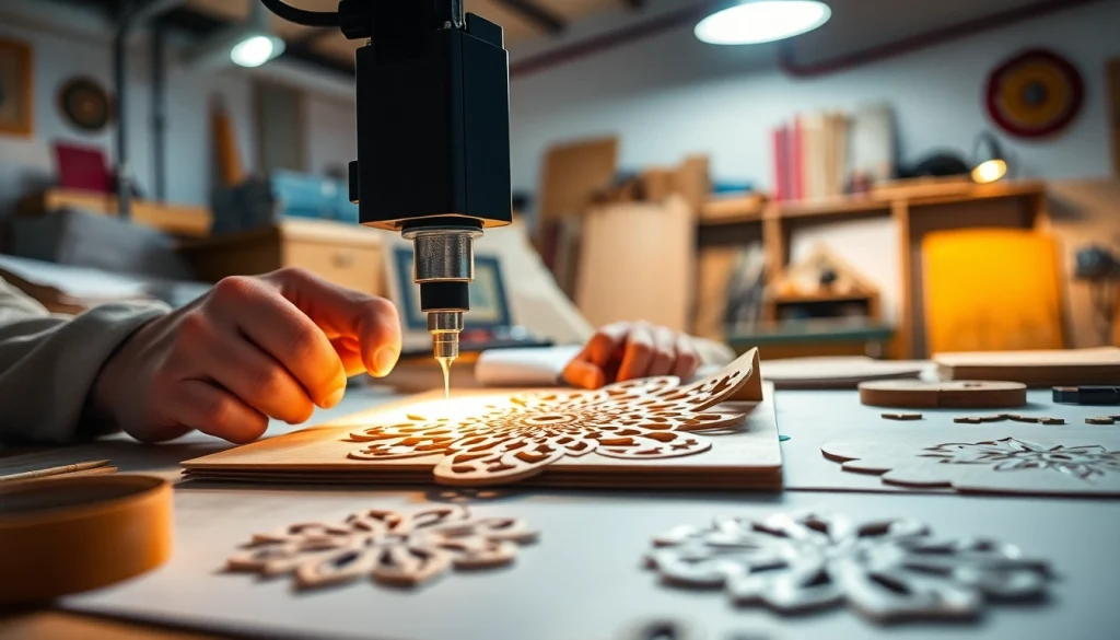 Creating intricate designs using a dxf file for laser cutting in a bright workshop setting.