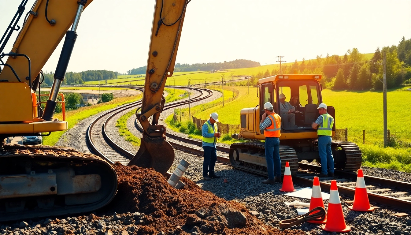 Railroad Contractors USA collaborating at a construction site with modern machinery.