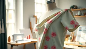 Unieke stof voor blouse op een paspop in een lichte studio met naaibenodigdheden.