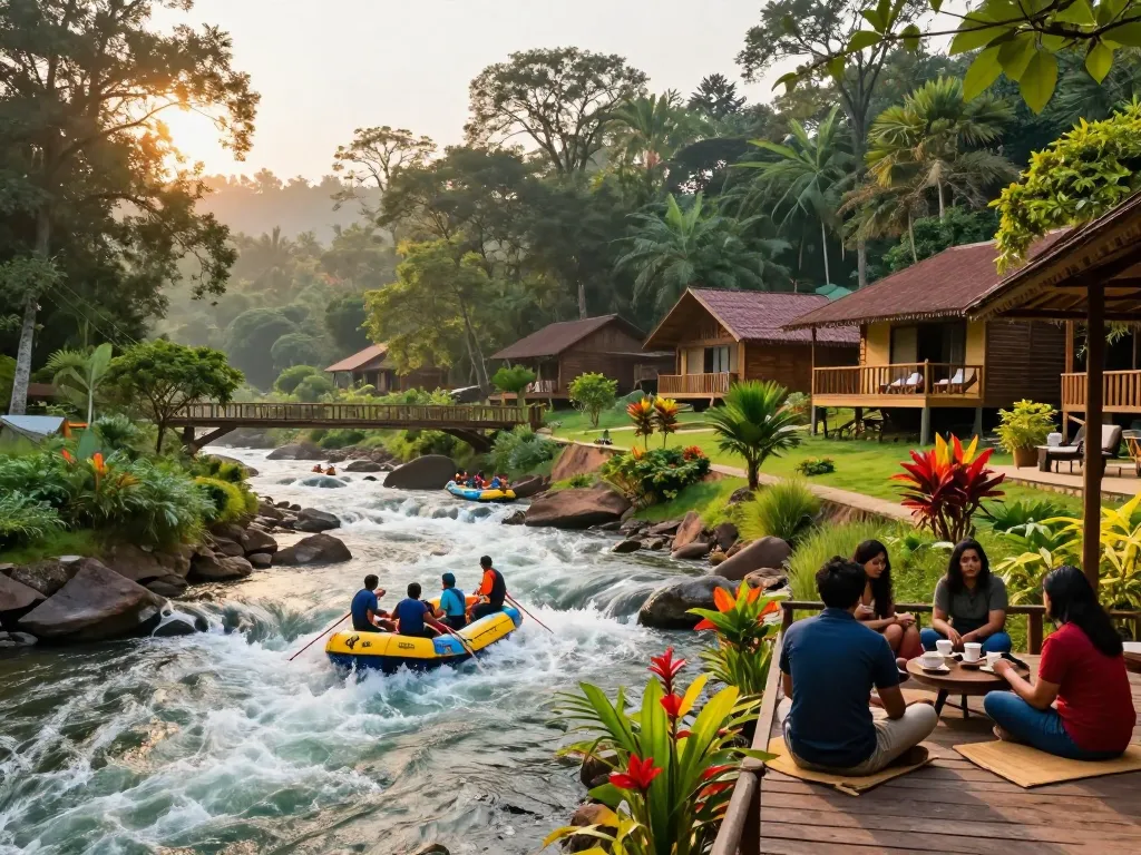 Dandeli resorts with guests river rafting on the Kali River and scenic forest views.