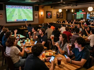 Cakhiatv live football viewing experience with excited fans cheering at a sports bar.