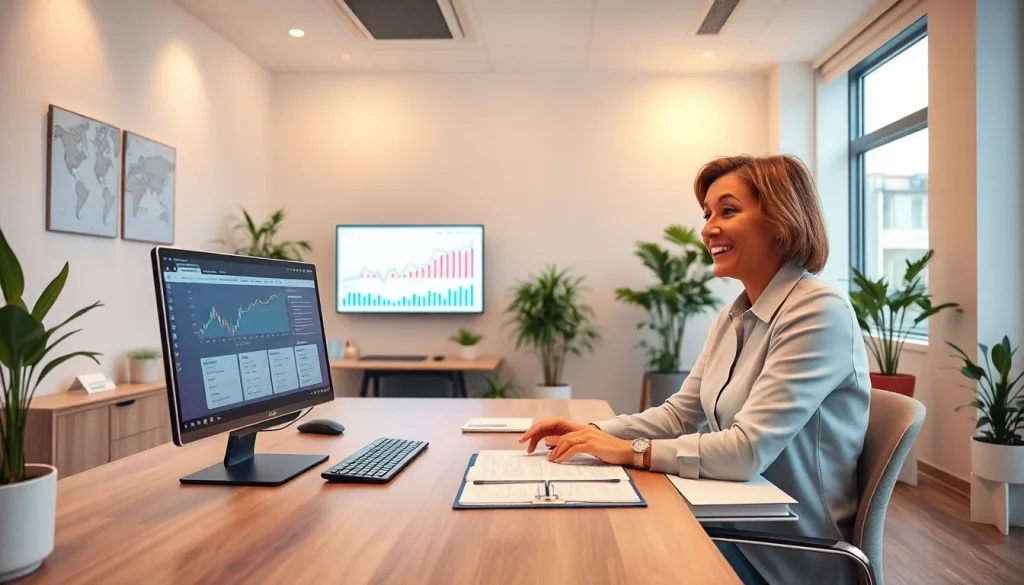 Scena biura rachunkowego przedstawiająca profesjonalnego księgowego doradzającego klientowi w Poznaniu.