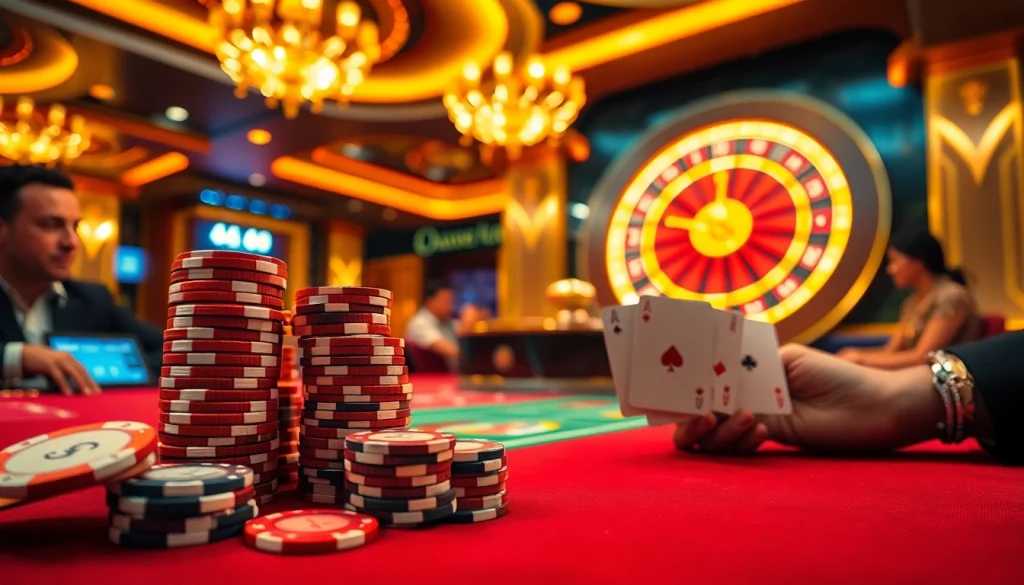 The da88 gaming table showcases high-stacked casino chips, vibrant cards in play, and an exciting roulette wheel.