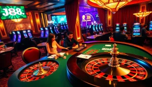 Experience high-stakes excitement at j88.gives with vibrant casino scenes featuring poker tables and roulette wheels.