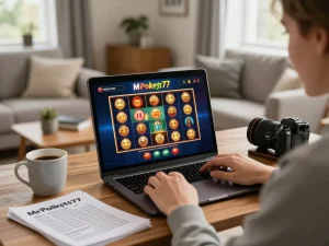 Engaging in online slots with MrPokies77 on a laptop, featuring warm home atmosphere