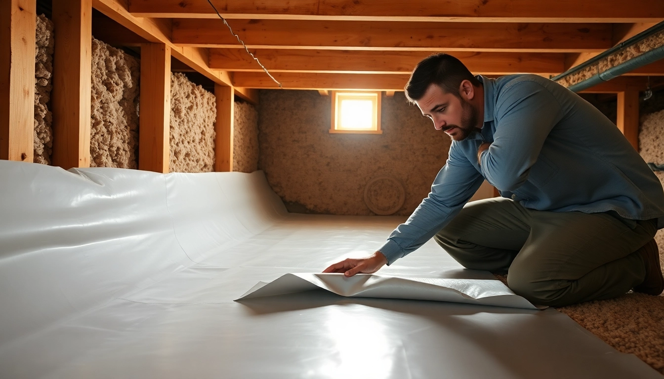 Vapor Barrier Installation in a residential crawl space with a contractor laying material.