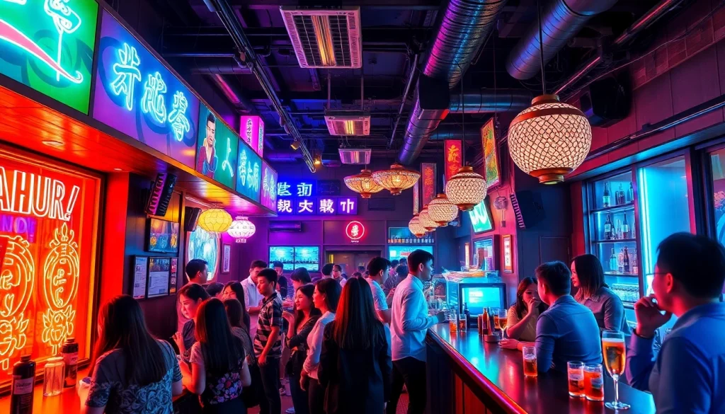 제주도 유흥을 보여주는 활기찬 노래방의 네온 조명과 에너제틱한 손님들로 가득한 제주의 밤문화 장면.