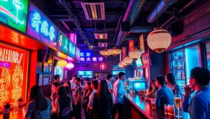 제주도 유흥을 보여주는 활기찬 노래방의 네온 조명과 에너제틱한 손님들로 가득한 제주의 밤문화 장면.