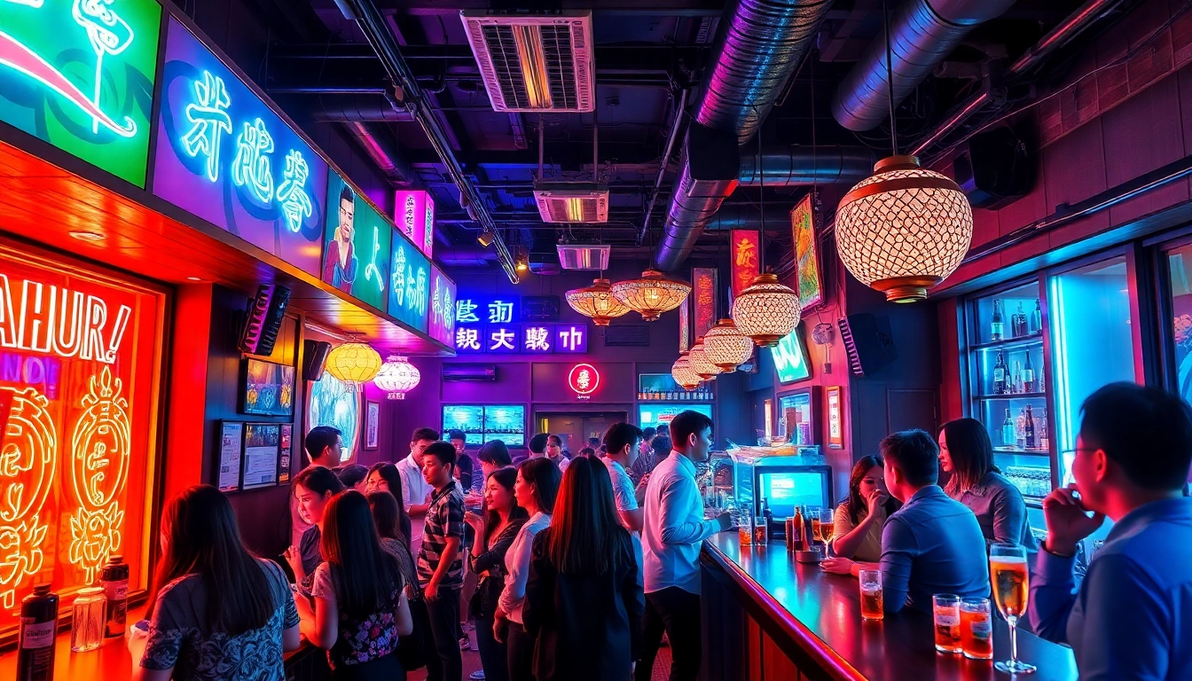 제주도 유흥을 보여주는 활기찬 노래방의 네온 조명과 에너제틱한 손님들로 가득한 제주의 밤문화 장면.