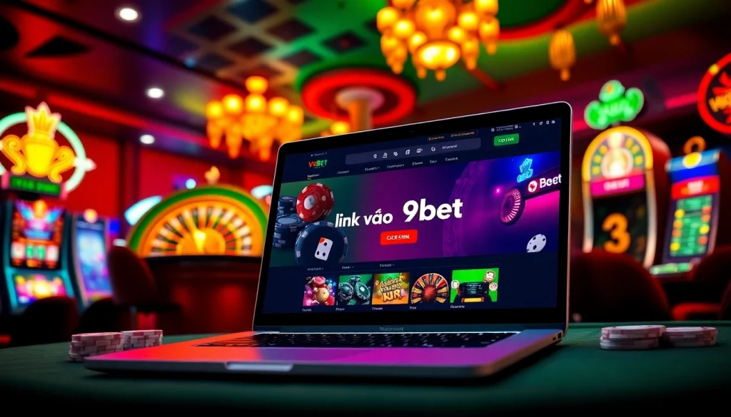 Link vào V9bet featuring dynamic online gambling action with casino elements.