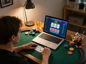 Nk88 player focusing intently on online poker game interface, surrounded by snacks highlighting engaging gaming atmosphere