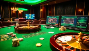 Experience thrilling gameplay at shbet with an elegant casino scene featuring roulette and poker.