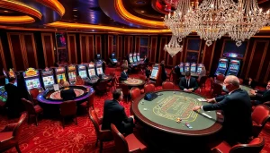Scène excitante dans un casino en ligne avec des tables de roulette et de blackjack animées remplies de joueurs.