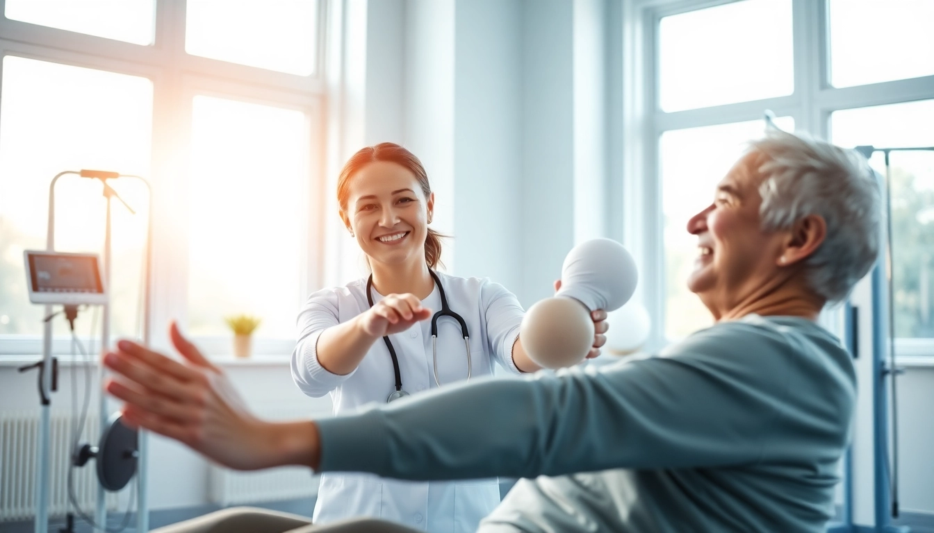 Engaged physiotherapist demonstrating techniques in griesbach physiotherapy session.