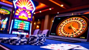 EE88 players winning at a luxurious casino with poker chips and vibrant slot machines
