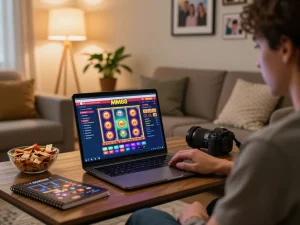 Engaging home gaming scene with MM88 online casino on laptop showing exciting slots.