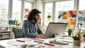 Showcasing essex web design in a modern studio with vibrant mockups and teamwork.