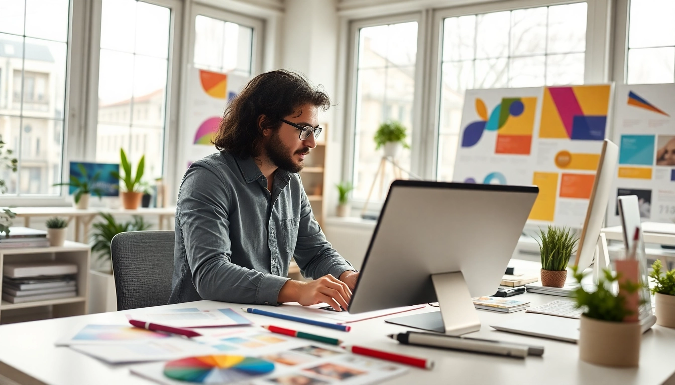 Showcasing essex web design in a modern studio with vibrant mockups and teamwork.