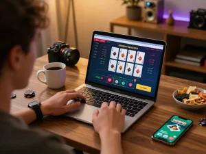56WIN players engaging in thrilling live dealer blackjack from a cozy home setting